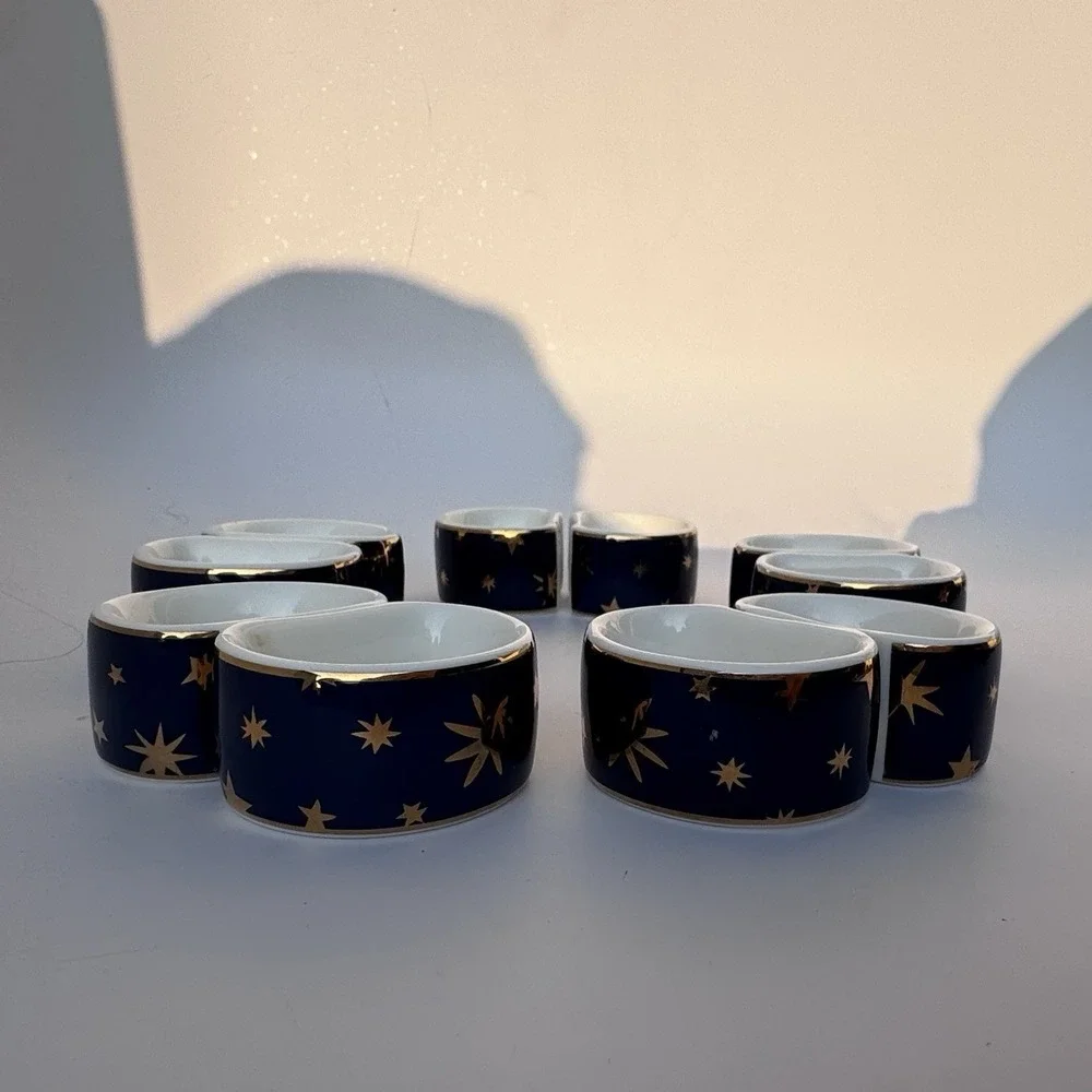 VTG 90s Sakura Napkin Rings Celestial Stars (10) Porcelain 14K Gold Night Sky